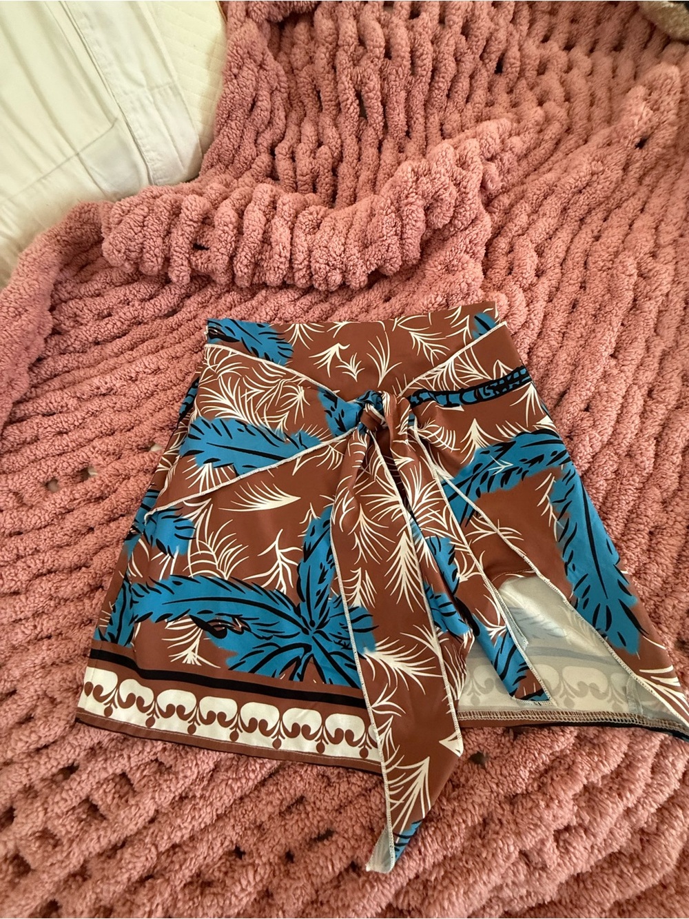 Tropical Palm Leaf Front Tie Wrap Mini Skirt Resortwear Vacation Beachwear Small